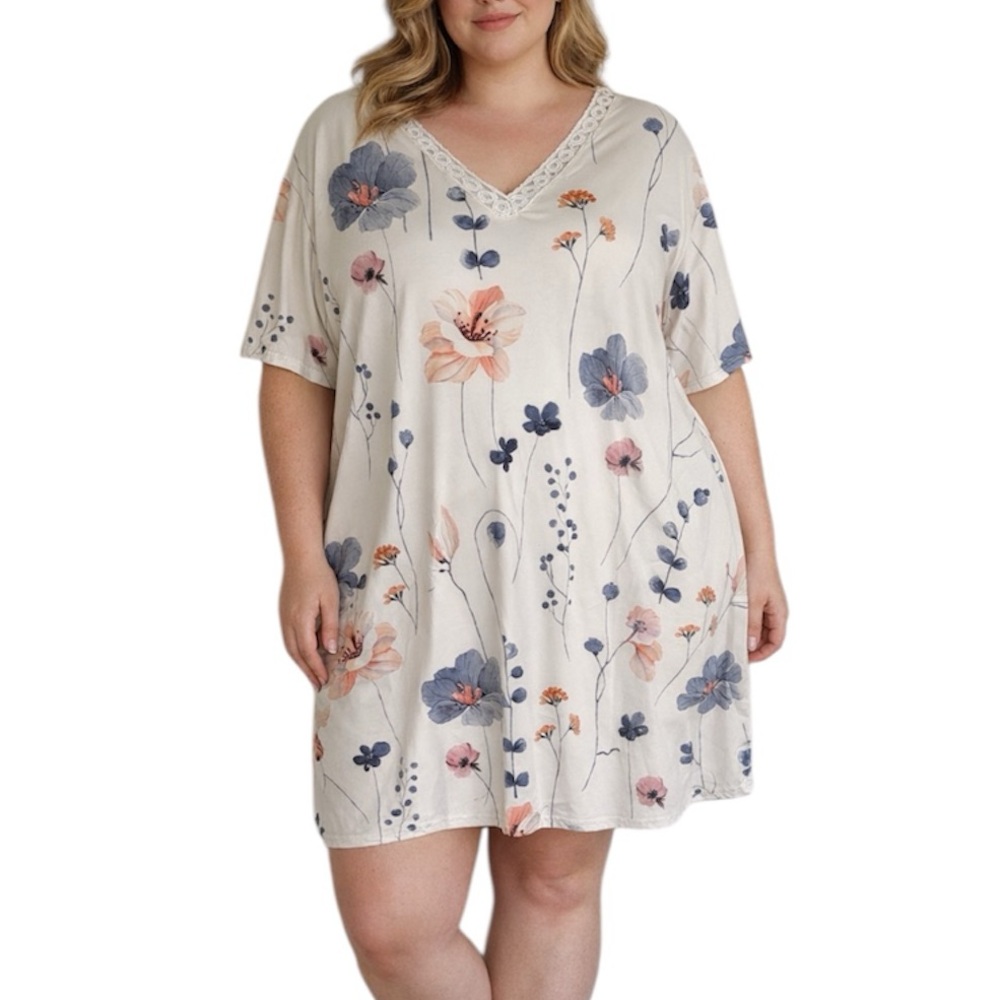 Plus size white floral short sleeve v-neck lace trim stretch nightgown dress 5XL